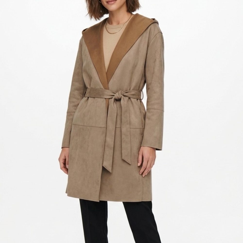 Zara Faux Suede Belted Jacket Tan Brown Size Small Open Front‎ Coat Duster